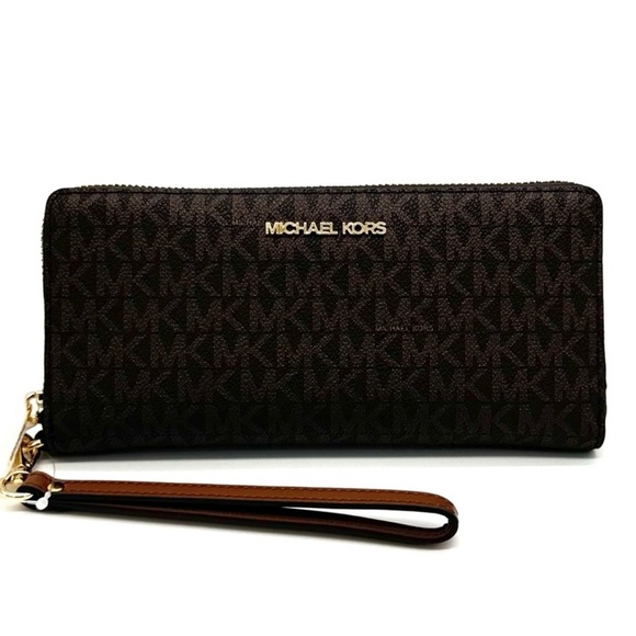 Michael Kors Large Travel Continental Wallet Wristlet Brown/Gold - Picture 1 of 10